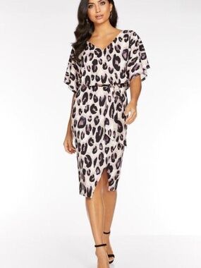 Quiz Leopard Print Short Sleeve Batwing Belted Midi Stretch Knit Dress SZ US 12